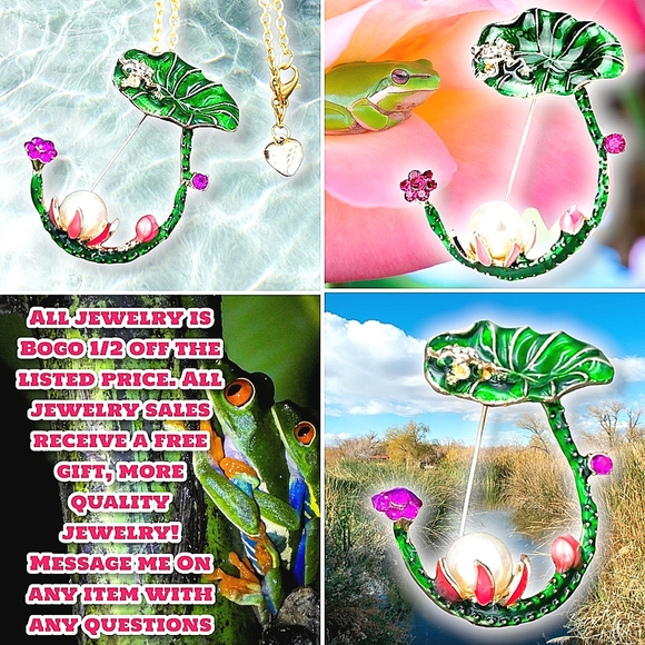 Gold plated pink and white crystal pearl Lily pad frog necklace/brooch - Picture 1 of 14